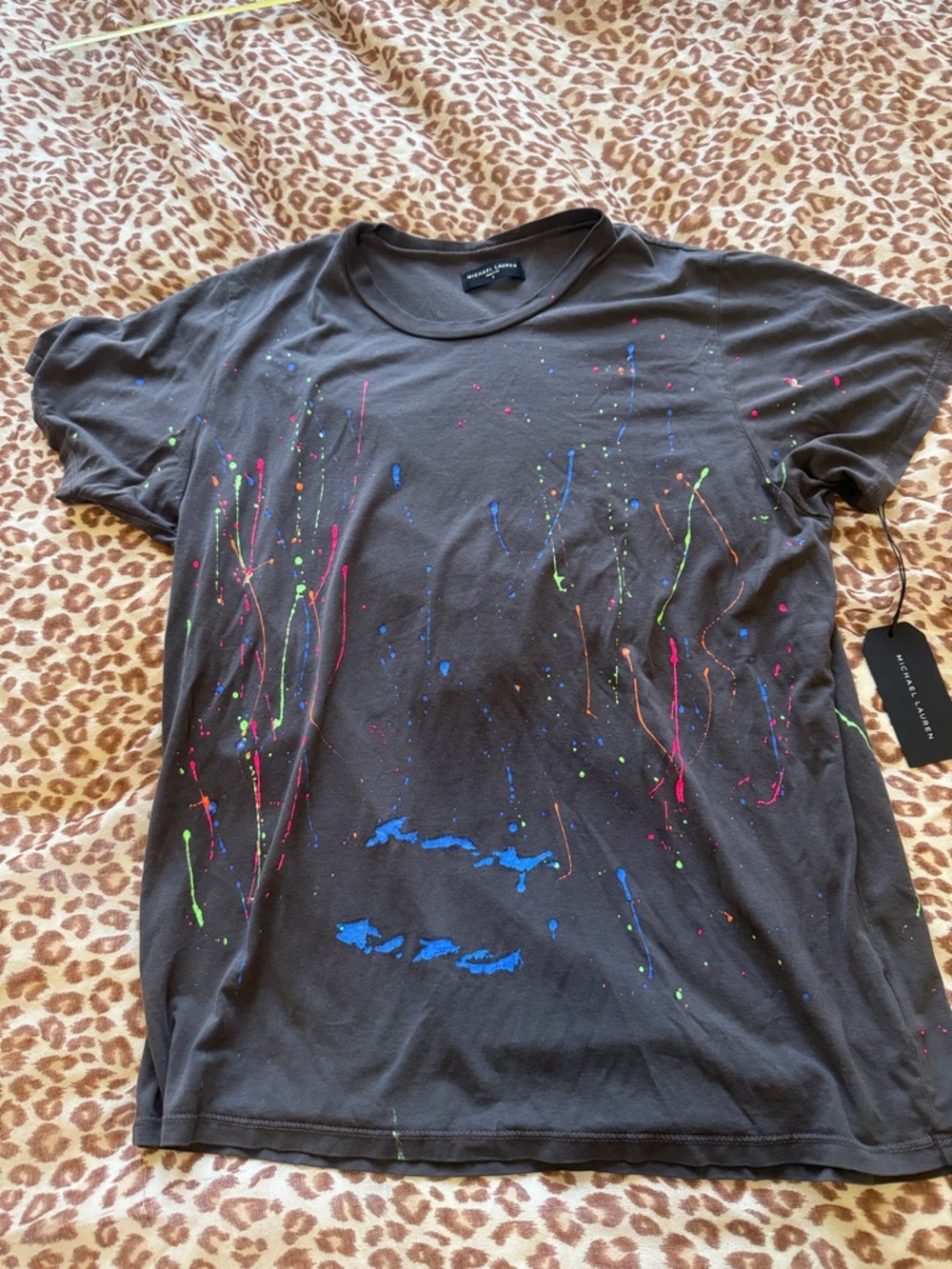 Michael Lauren Charcoal Tee with Neon Paint Dots